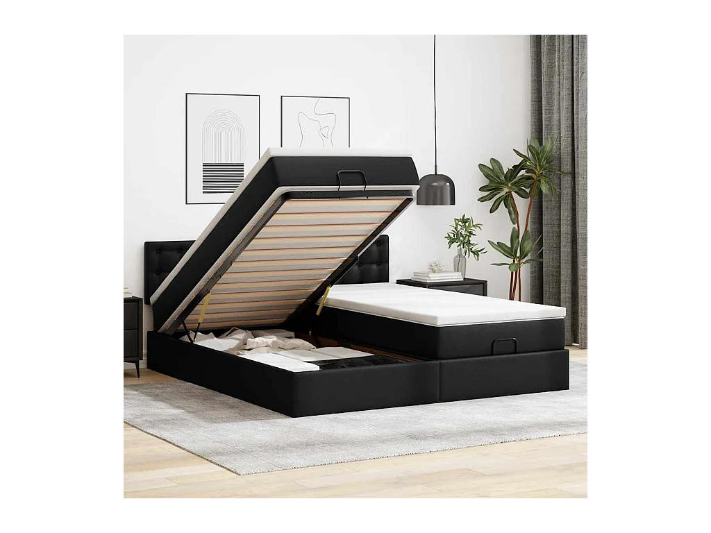 Pouf Letto con Materassi e LED Nero 160x200cm Similpelle