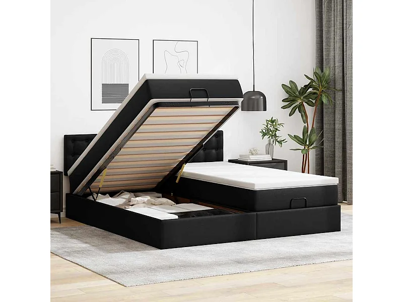 Ottoman-Bett mit Matratzen & LEDs Schwarz 160x200 cm Kunstleder