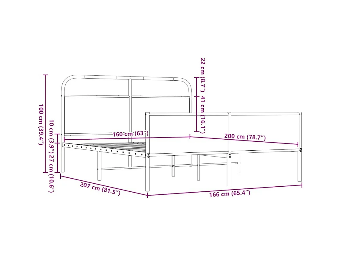 Cadre de lit en métal sans matelas chêne marron 160x200 cm