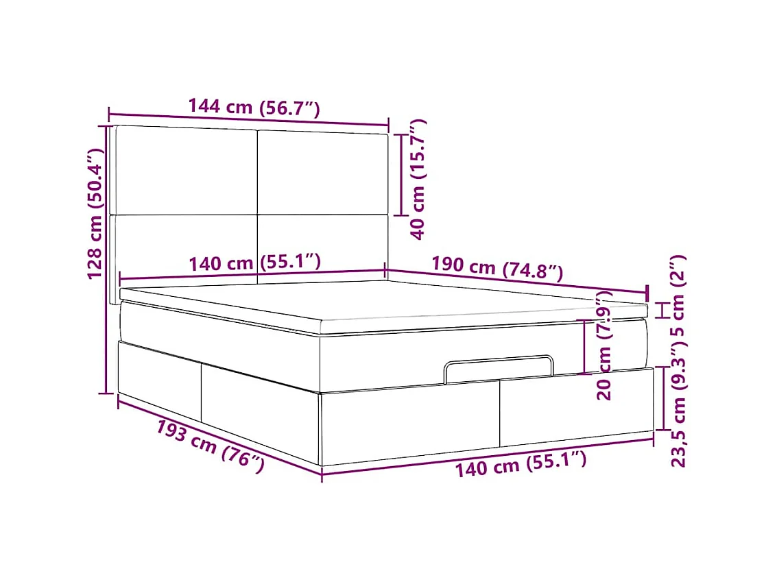 Cadre de lit ottoman et matelas gris clair 140x190 cm tissu