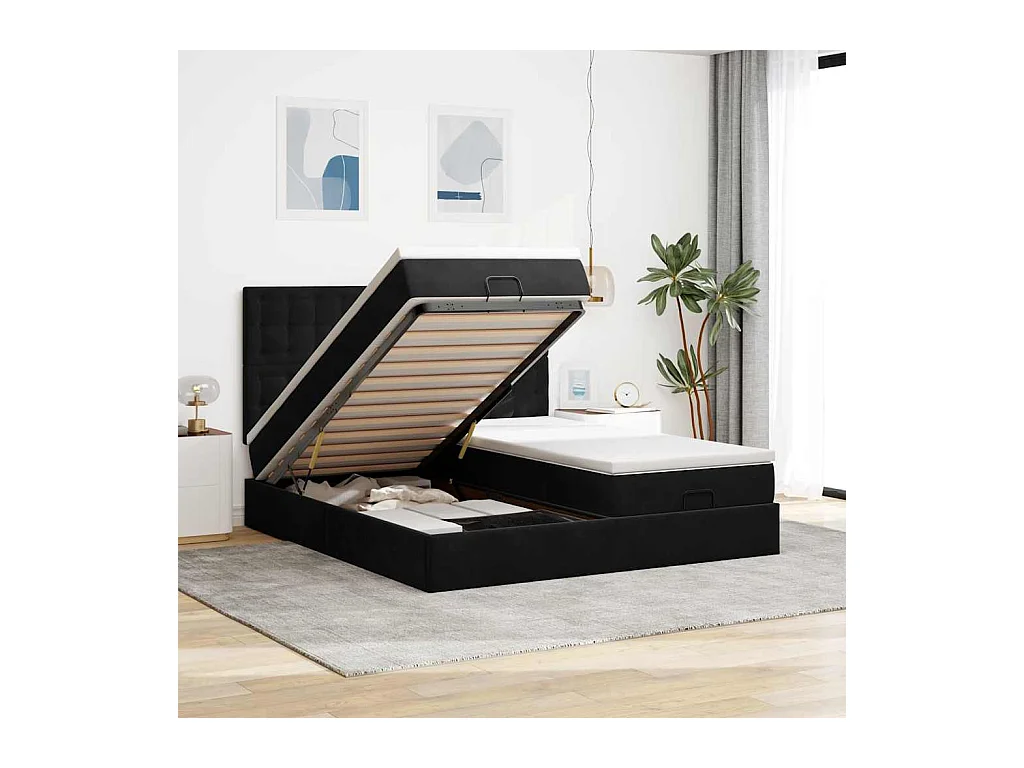 Struttura Letto Pouf con Materassi Nero 160x200 cm in Velluto