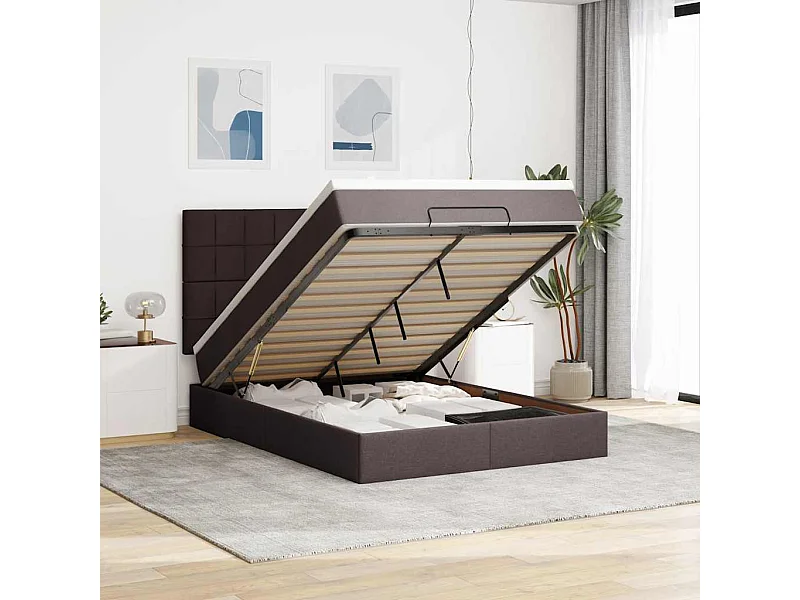 Cadre de lit ottoman avec matelas marron foncé 140x200 cm tissu