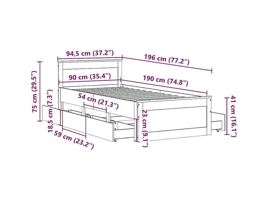 Cadre de lit sans matelas avec tête de lit 90x190cm bois de pin