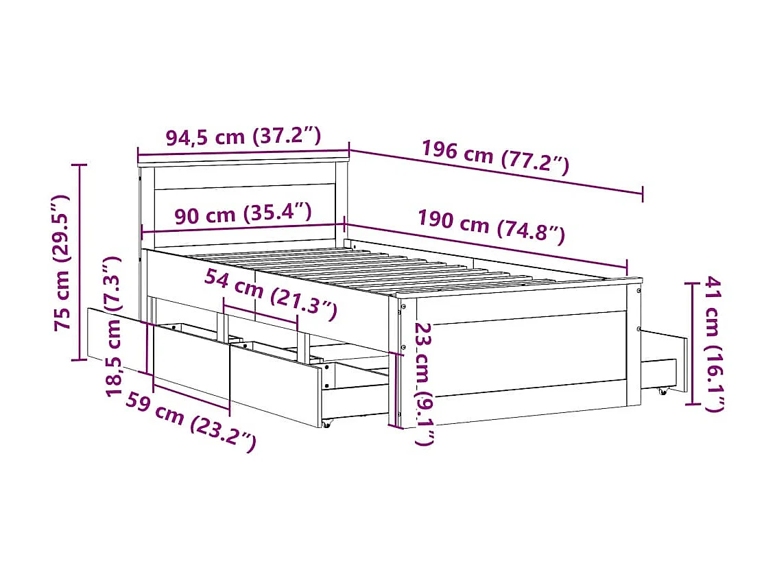 Massivholzbett ohne Matratze mit Kopfteil Wachsbraun 90x190 cm
