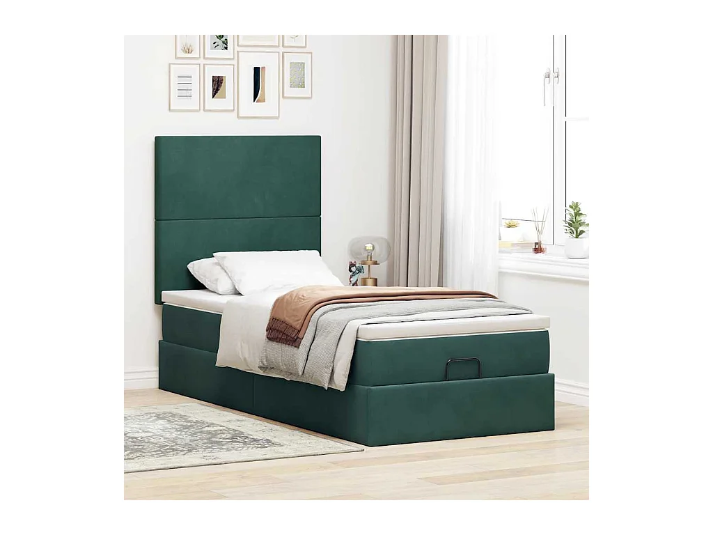 Ottoman-Bett mit Matratzen & LEDs Dunkelgrün 90x200 cm Samt