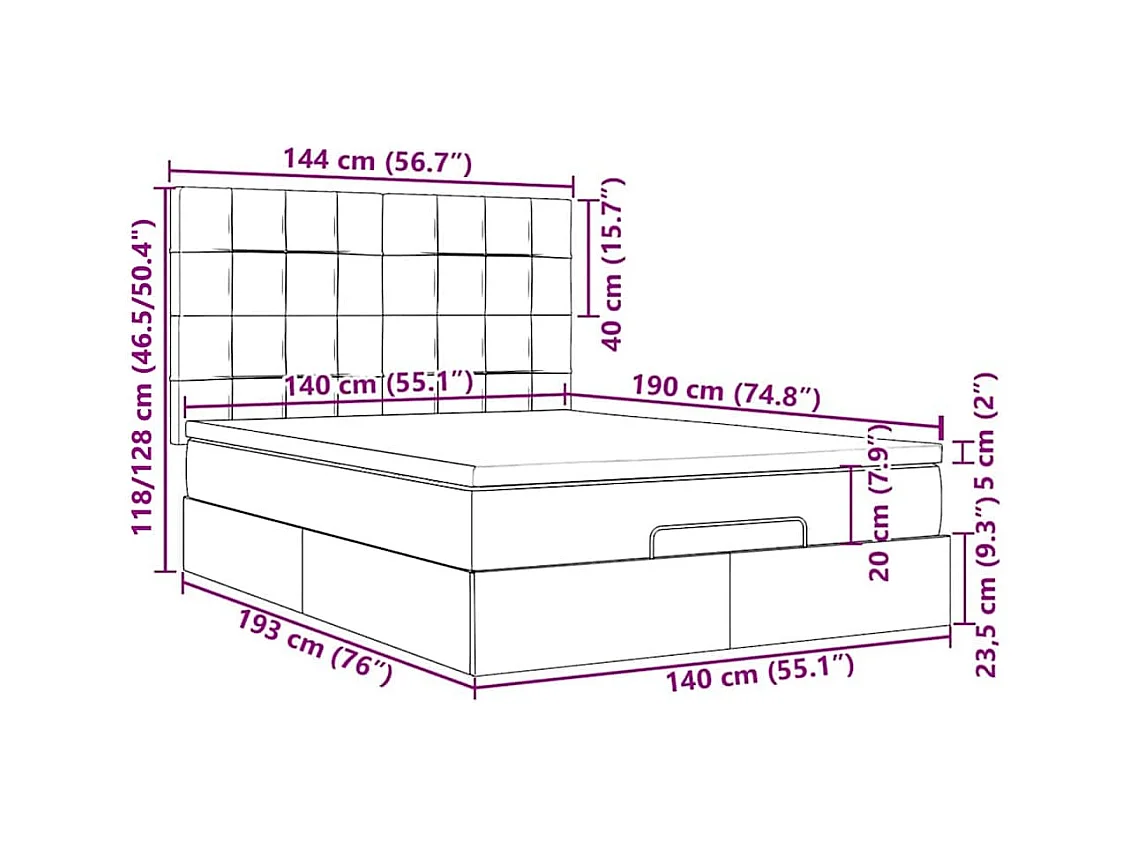 Cadre de lit ottoman avec matelas bleu foncé 140x190 cm velours