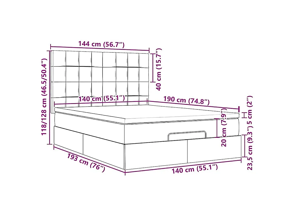 Cadre de lit ottoman avec matelas bleu foncé 140x190 cm velours
