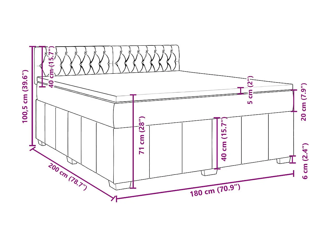 Cama box spring con colchón tela gris claro 180x200 cm