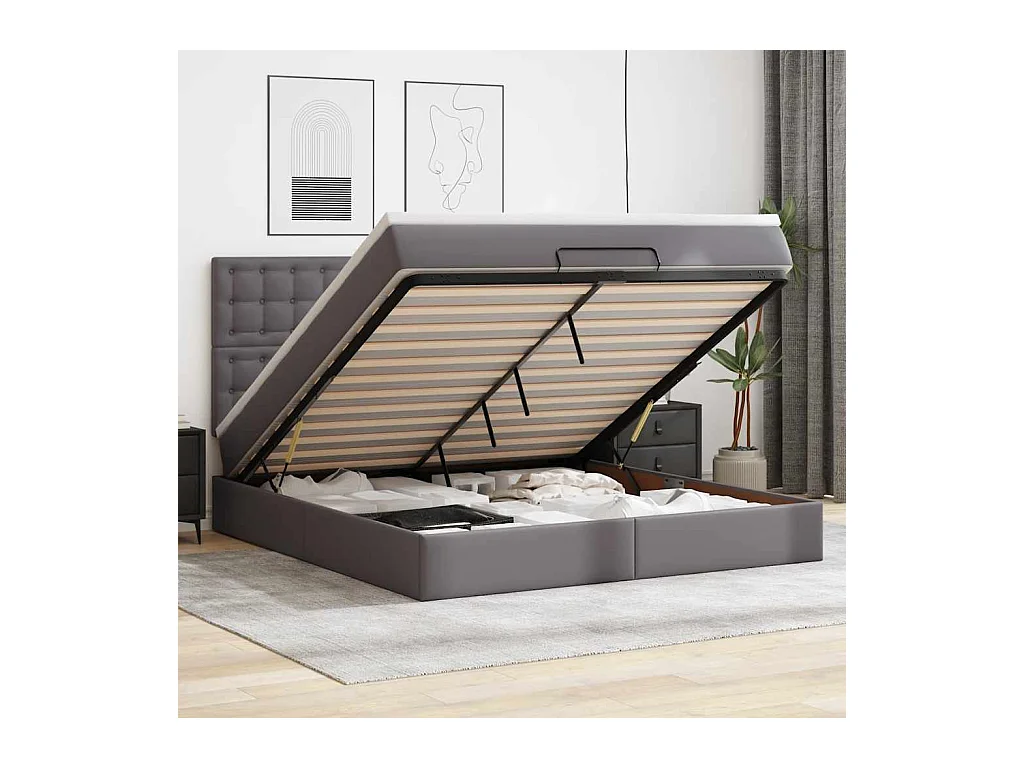 Cadre de lit ottoman avec matelas gris 160x200 cm similicuir