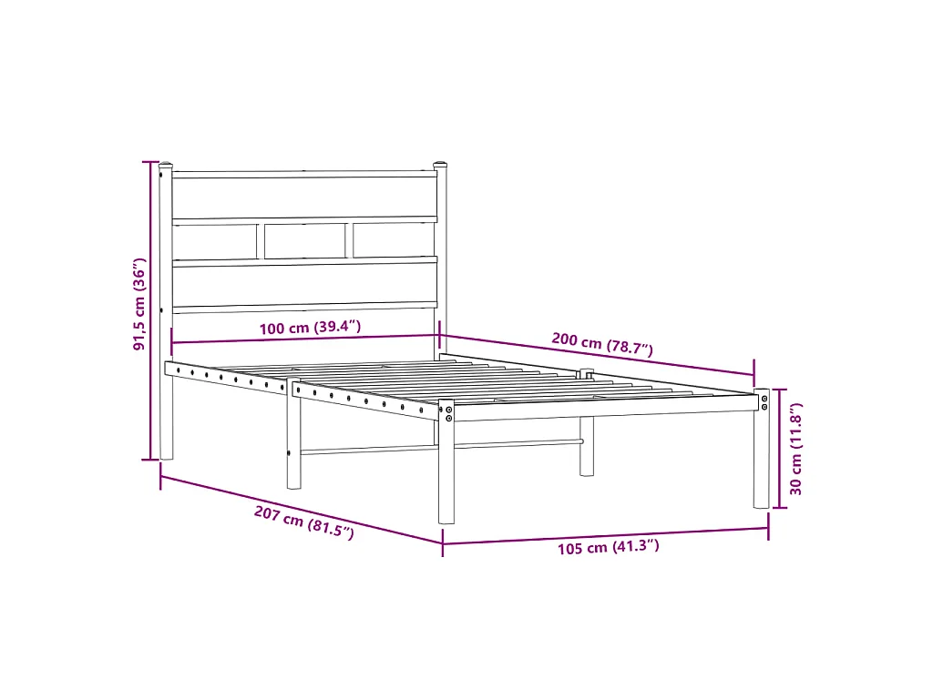Cadre de lit en métal sans matelas chêne fumé 100x200 cm