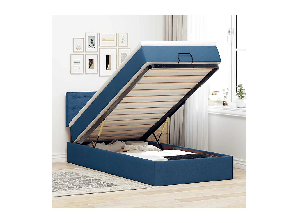 Cadre de lit ottoman avec matelas bleu 90x190 cm tissu