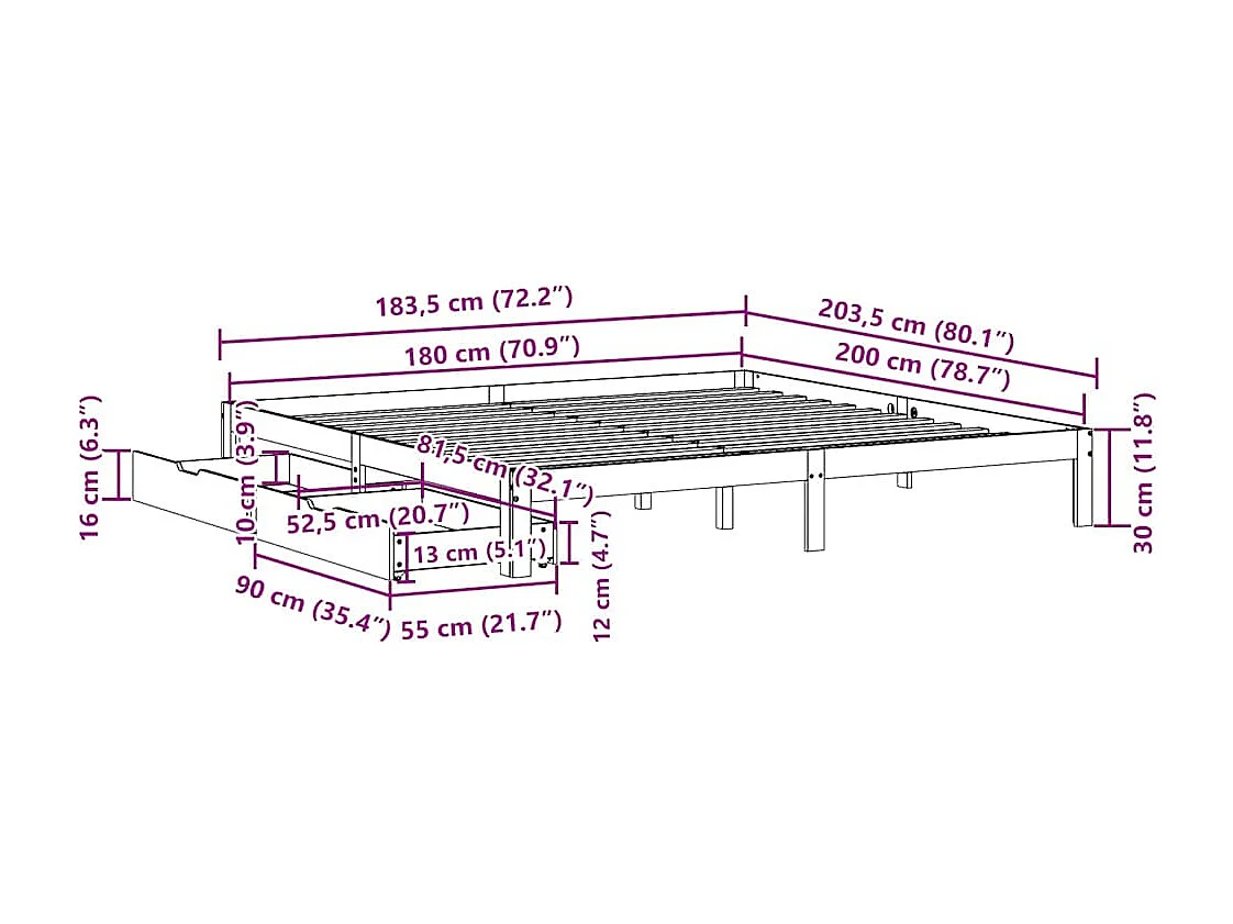 Bedframe met lades massief grenenhout 180x200 cm