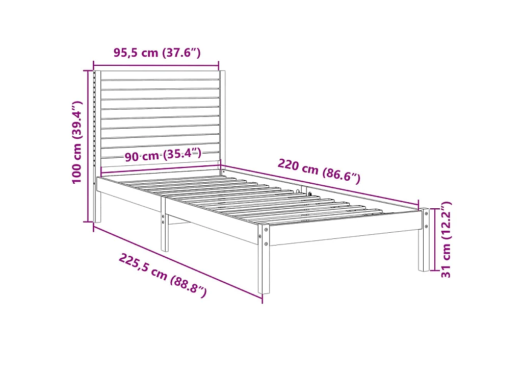 Cadre de lit extra long sans matelas 90x220 cm bois massif
