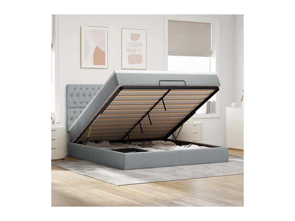 Cadre de lit ottoman et matelas gris clair 160x200cm tissu