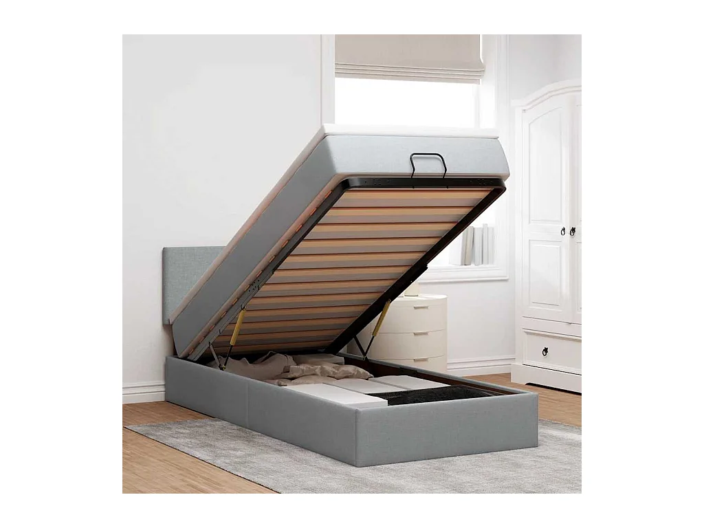 Ottoman-Bett mit Matratze & LEDs Hellgrau 90x190 cm Stoff