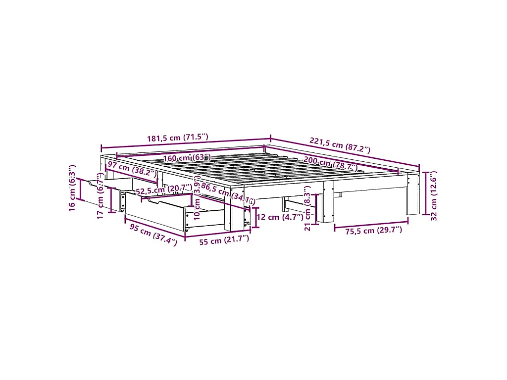 Cadre de lit sans matelas blanc 160x200 cm bois de pin massif