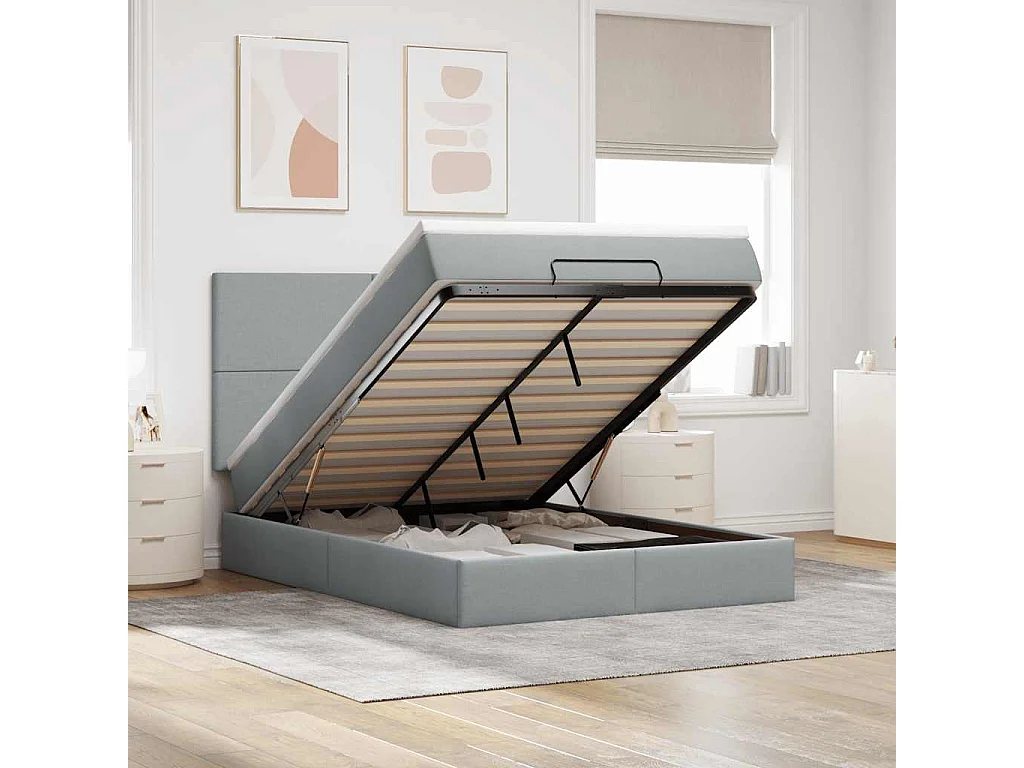 Cadre de lit ottoman et matelas gris clair 140x200 cm tissu