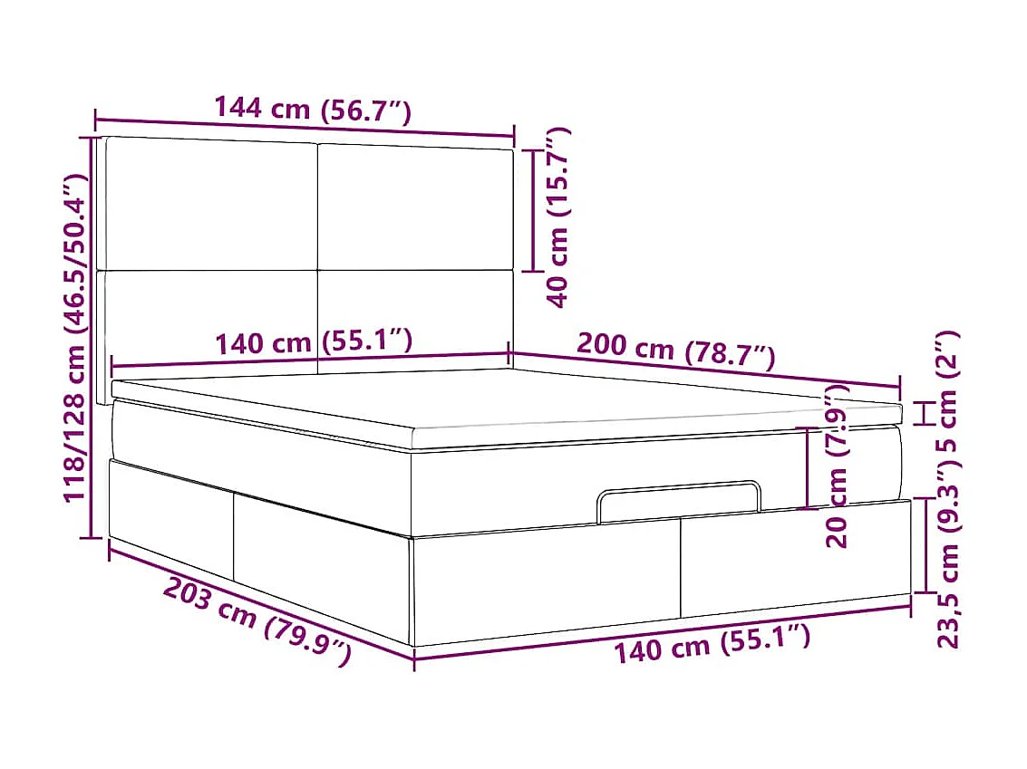 Cadre de lit ottoman et matelas gris clair 140x200 cm tissu