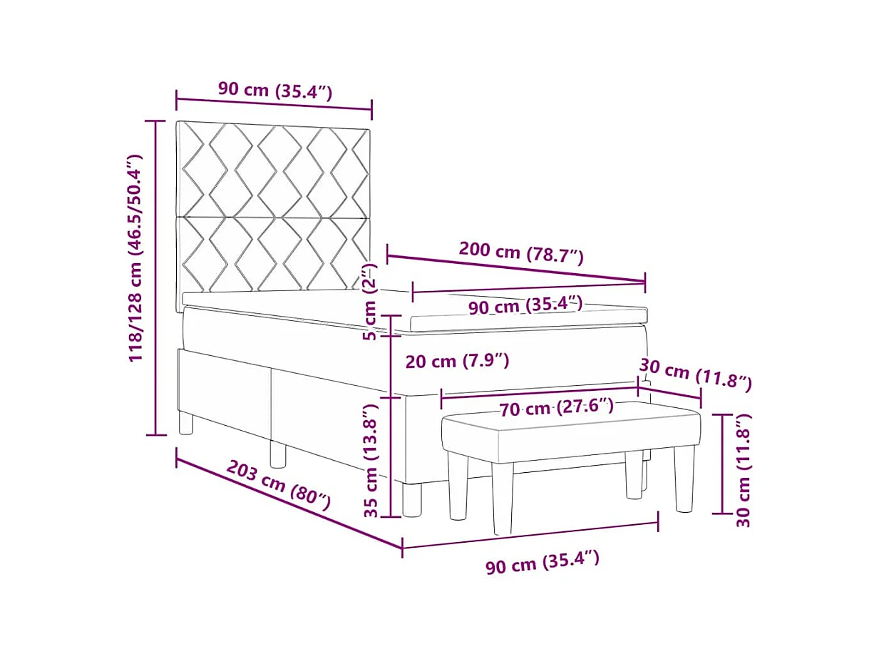Lit à ressorts avec matelas Bleu foncé 90 x 200 cm Velours