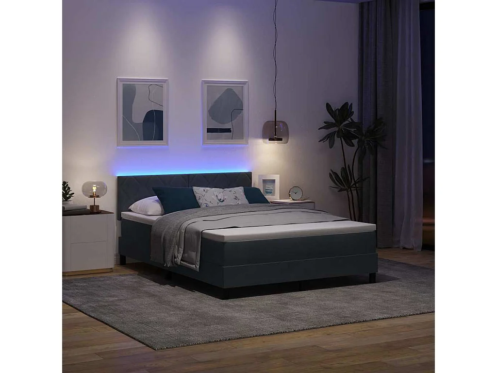 Cama Box Spring LED Cinza Escuro 140 x 190 cm Veludo