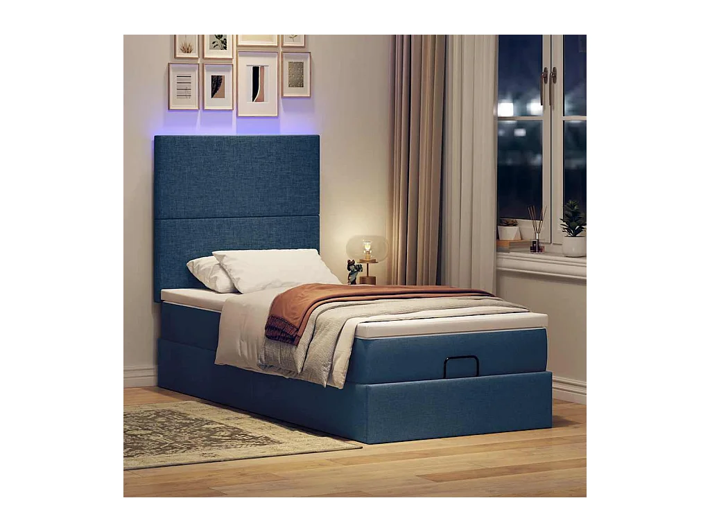Lit ottoman avec matelas et LED Bleu 90x200 cm Tissu