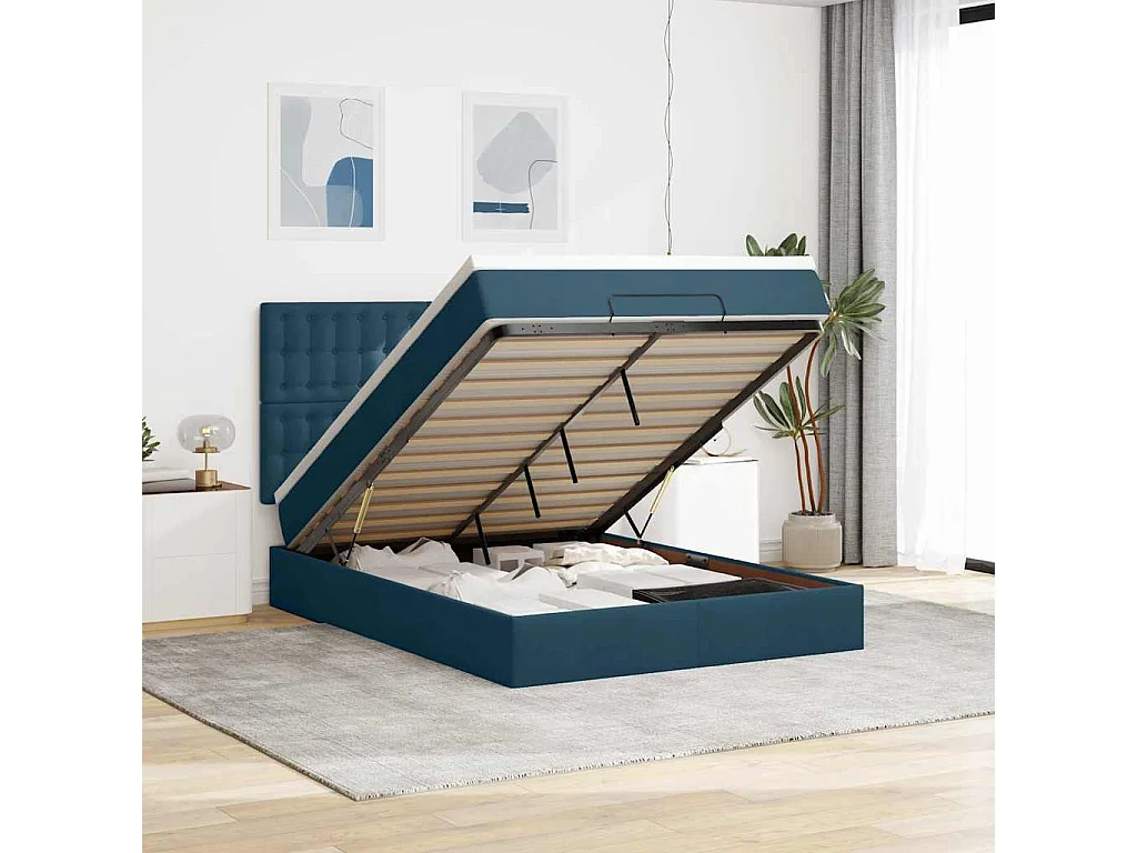 Estrutura cama otomana colchões 140x190 cm veludo azul escuro