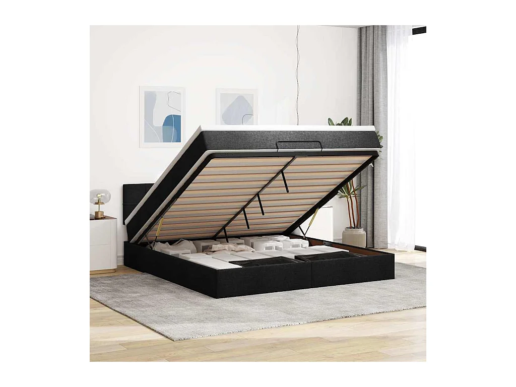 Struttura Letto Pouf con Materasso Nero 180x200 cm in Tessuto