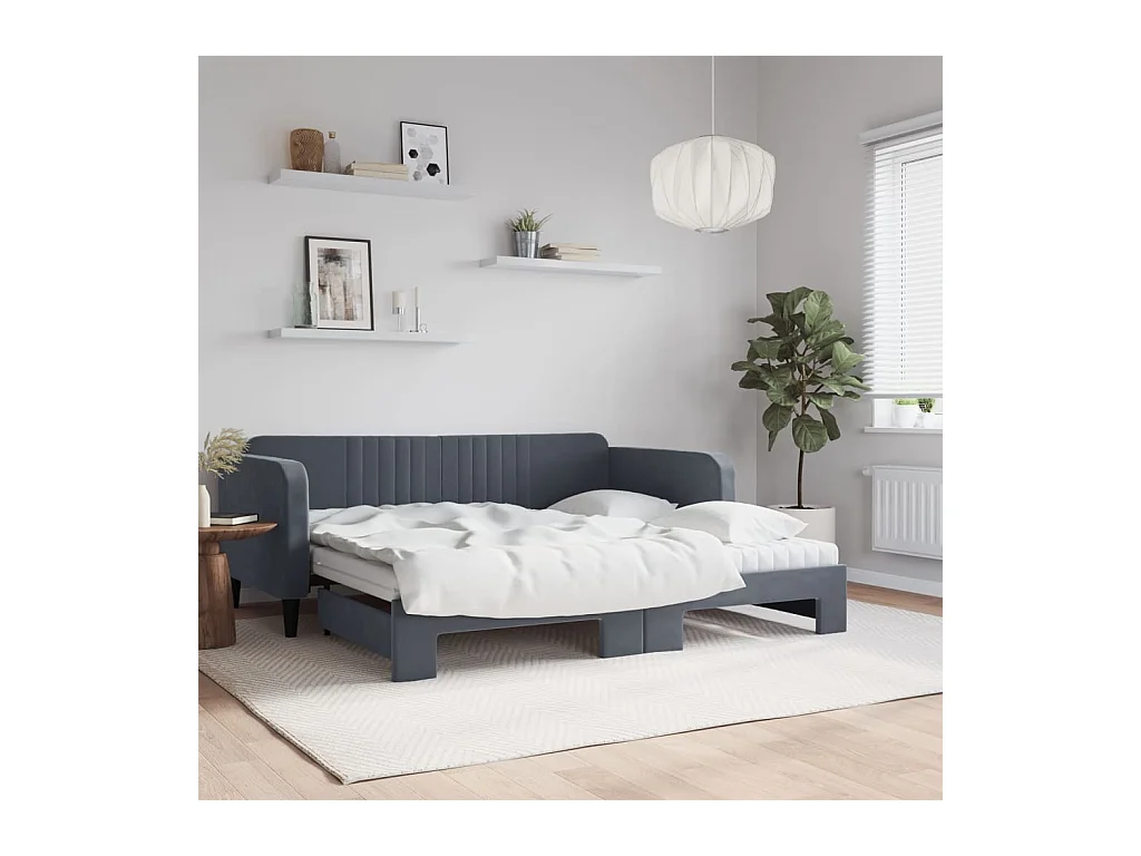 Lit de jour avec gigogne et matelas gris foncé 90x190cm velours