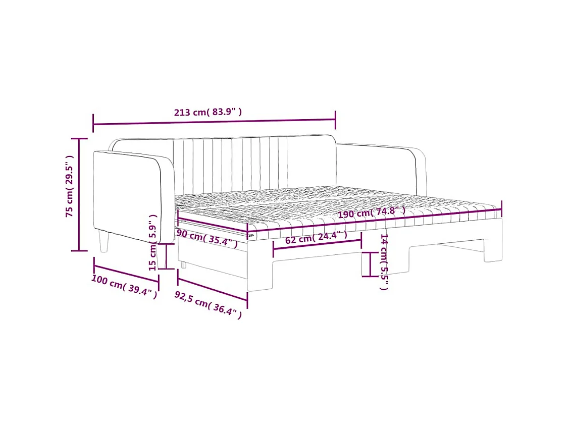 Lit de jour avec gigogne et matelas gris foncé 90x190cm velours
