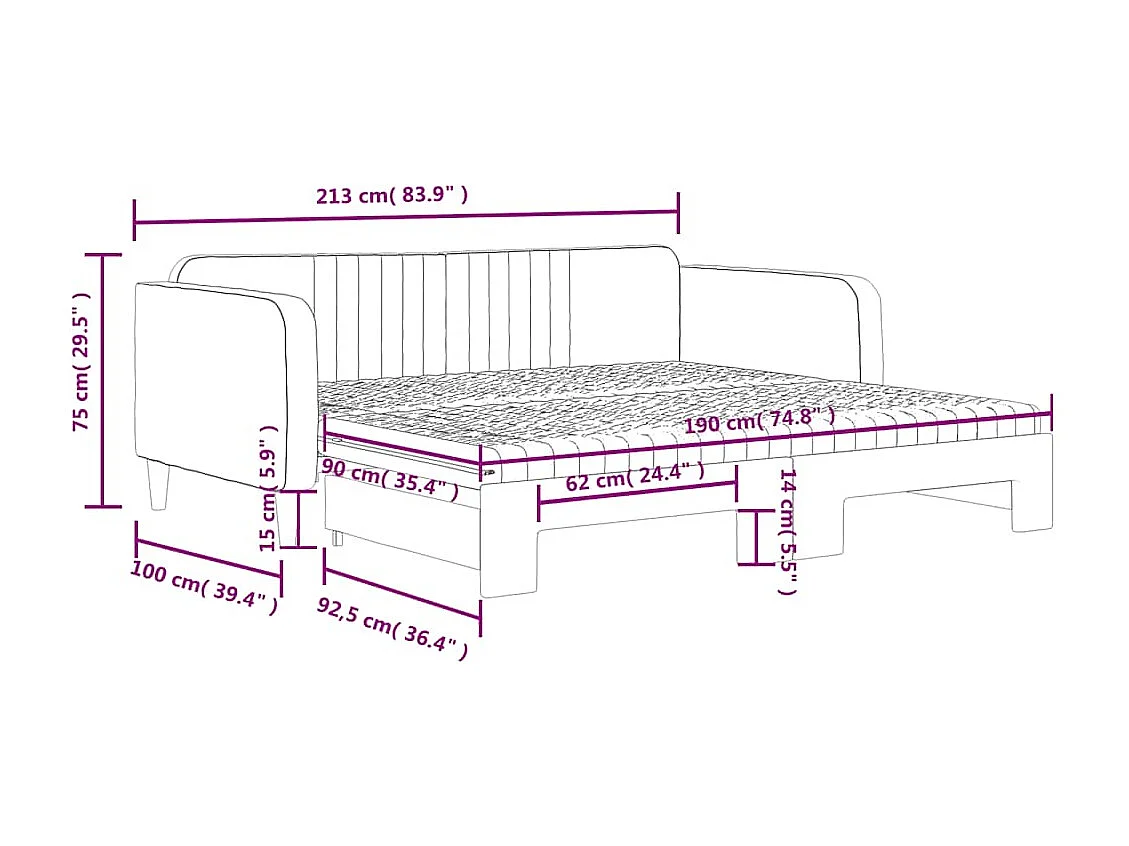 Lit de jour avec gigogne et matelas gris foncé 90x190cm velours