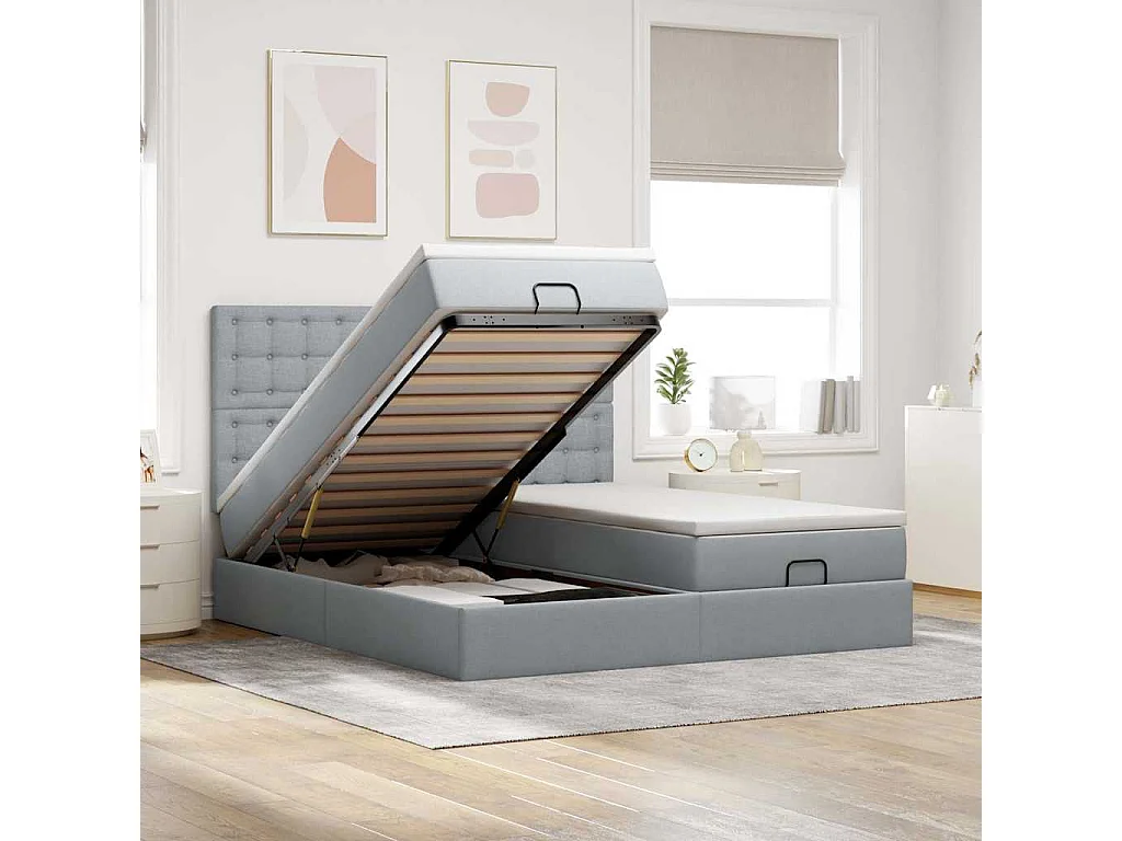 Cadre de lit ottoman et matelas gris clair 160x200cm tissu