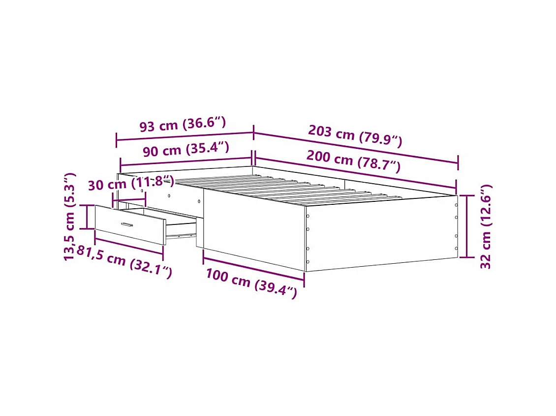 Bedframe met lades met lade Oud hout 90 x 200 cm Bewerkt hout