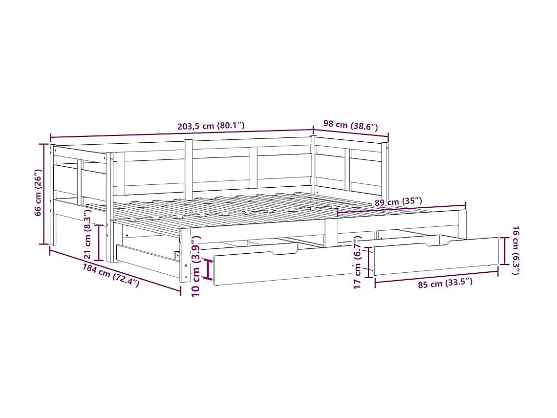 Letto Estraibile con Cassetti senza Materasso Bianco 90x200 cm