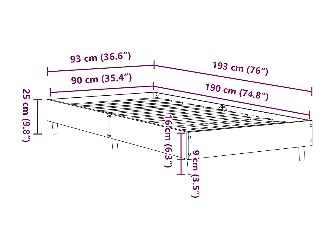 Cadre de lit sans matelas chêne artisanal 90x190 cm