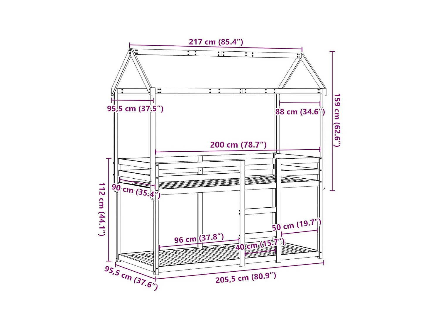 Cama litera sin colchón madera maciza de pino 90x200 cm
