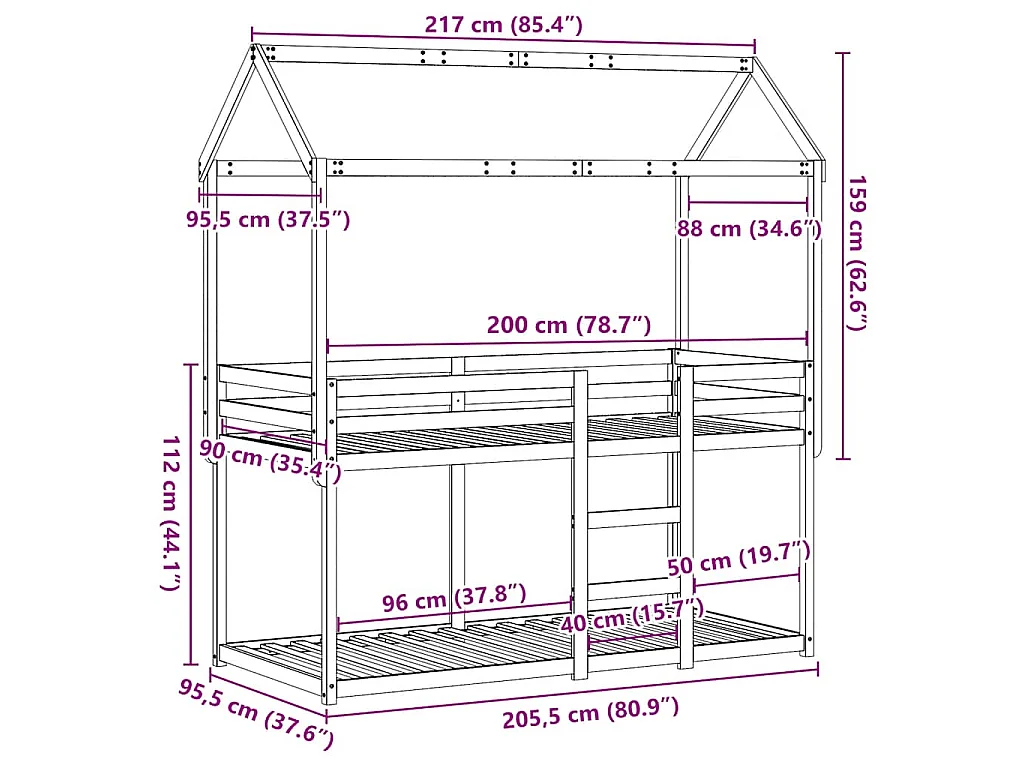 Stapelbedframe zonder matras massief grenenhout 90x200 cm