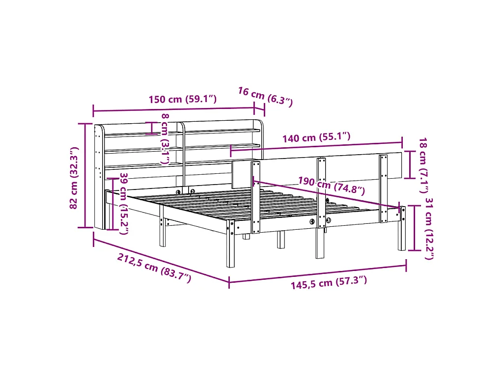 Bedframe zonder matras massief grenenhout wit 140x190 cm
