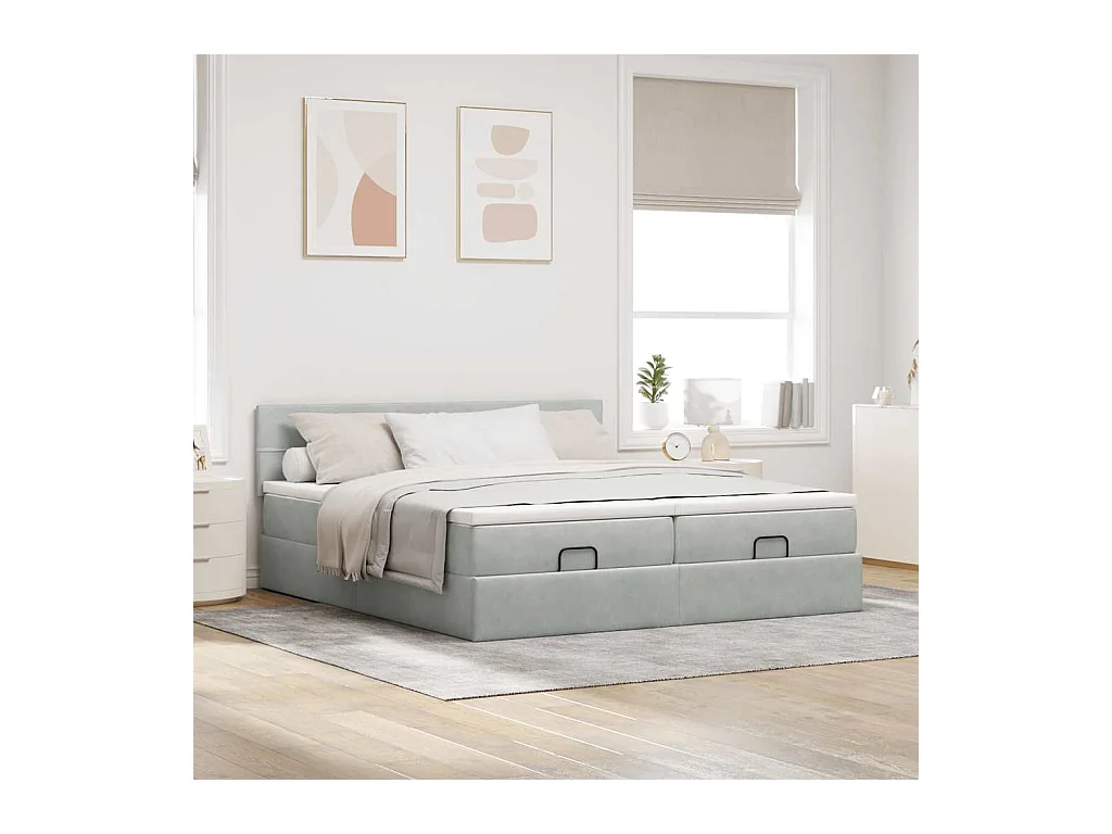 Cadre de lit ottoman et matelas gris clair 160x200cm velours