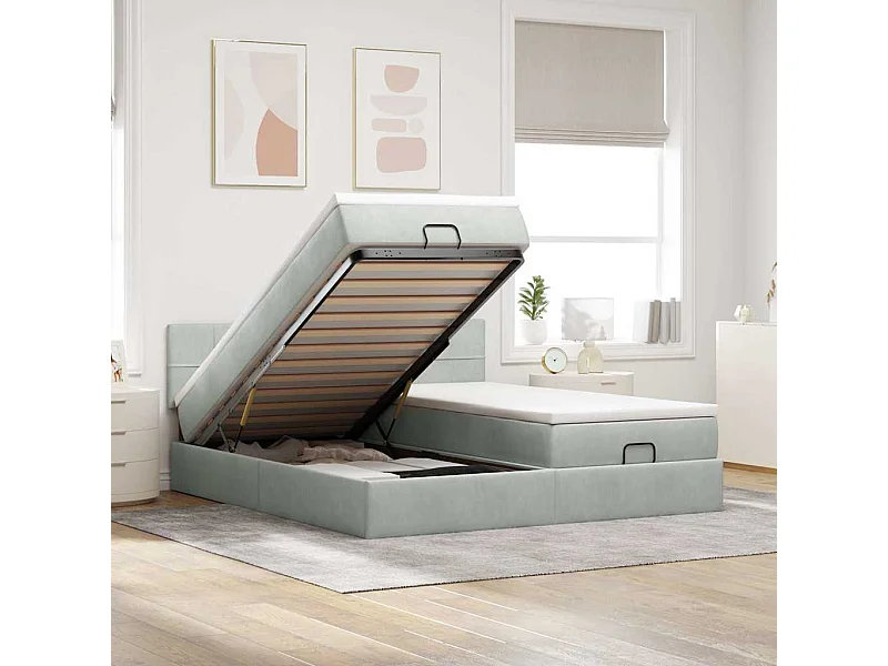 Cadre de lit ottoman et matelas gris clair 160x200cm velours