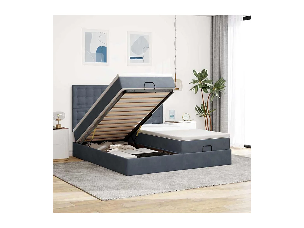 Cadre de lit ottoman avec matelas gris foncé 180x200cm velours