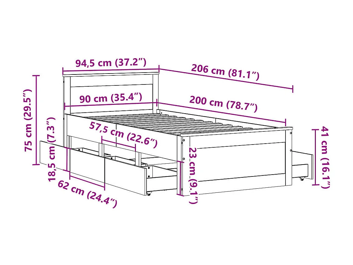 Cadre de lit sans matelas avec tête de lit 90x200cm bois de pin