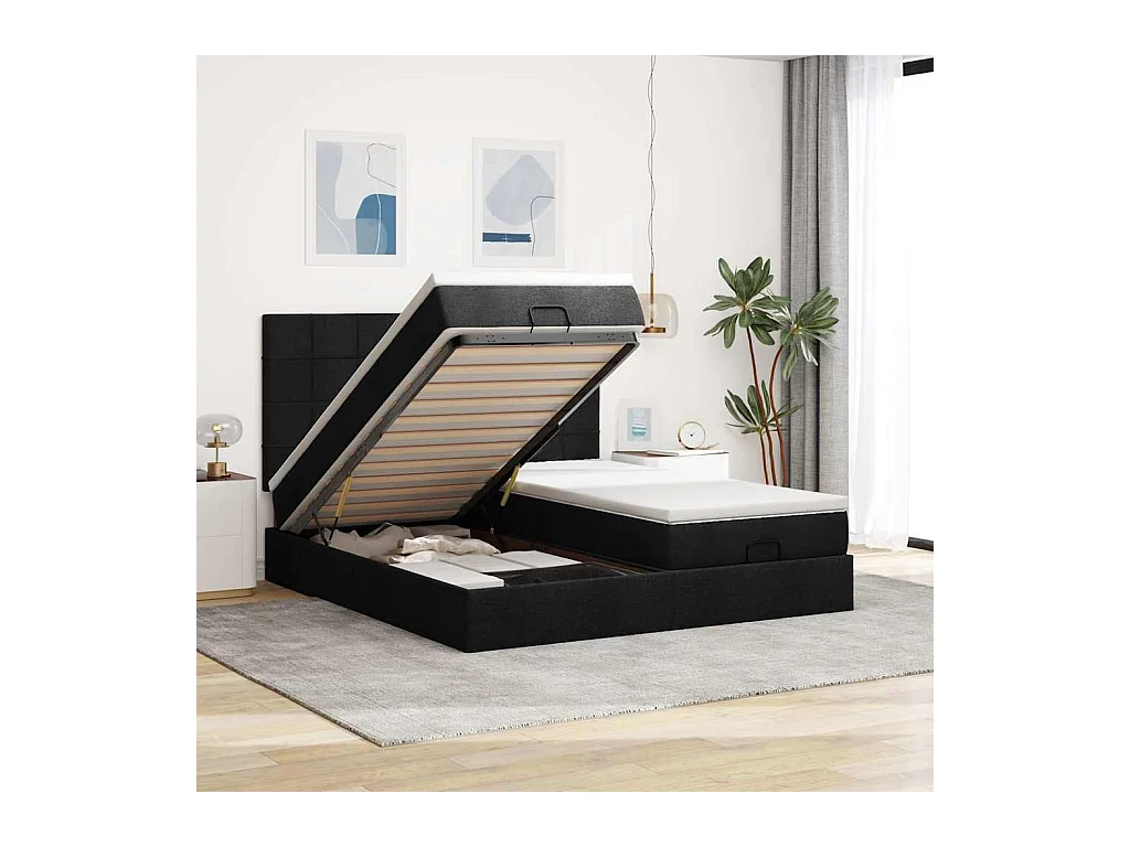 Estructura de cama otomana con colchones tela negra 160x200 cm