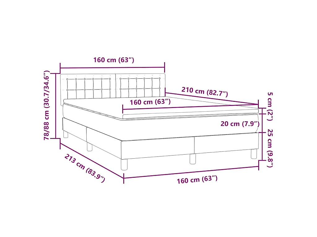 Cama box spring con colchón terciopelo negro 160x210 cm
