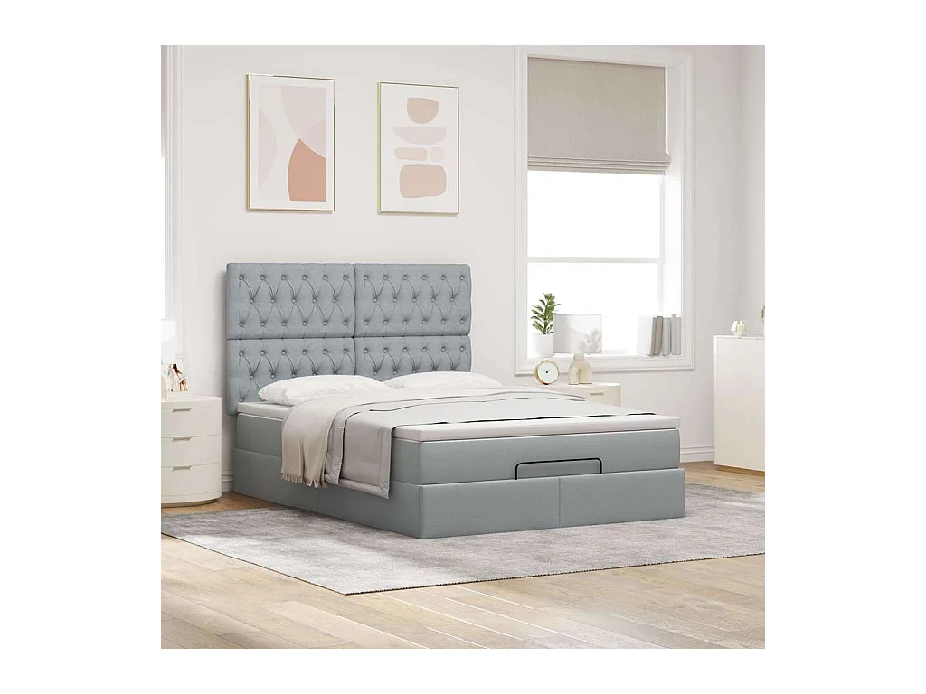 Cadre de lit ottoman et matelas gris clair 140x200 cm tissu