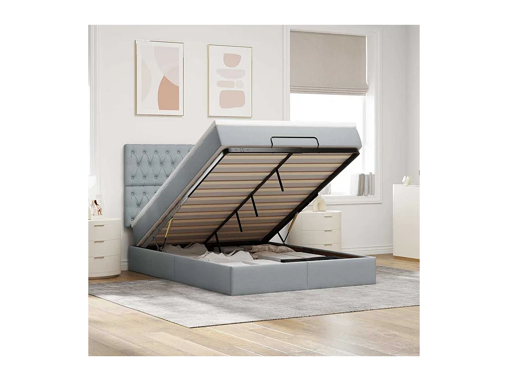 Cadre de lit ottoman et matelas gris clair 140x200 cm tissu