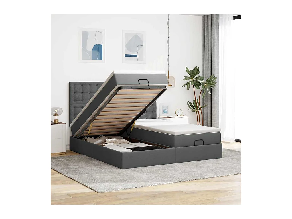 Cadre de lit ottoman avec matelas gris foncé 180x200cm tissu