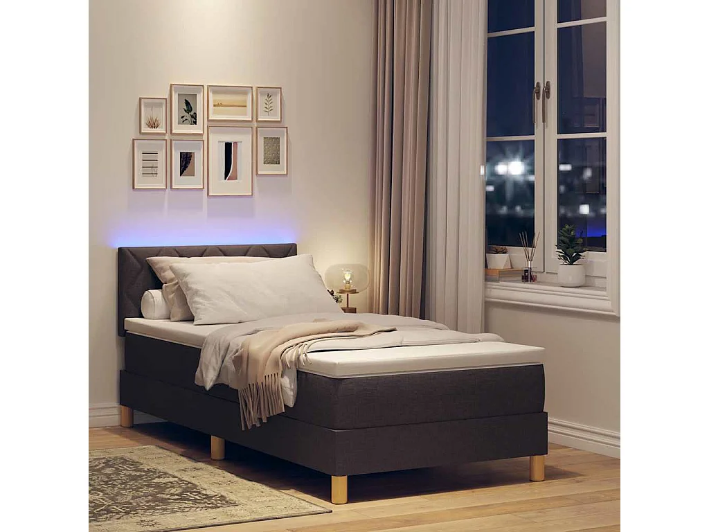 LED Boxspringbett mit Kopfteil Dunkelbraun 90 x 200 cm Stoff