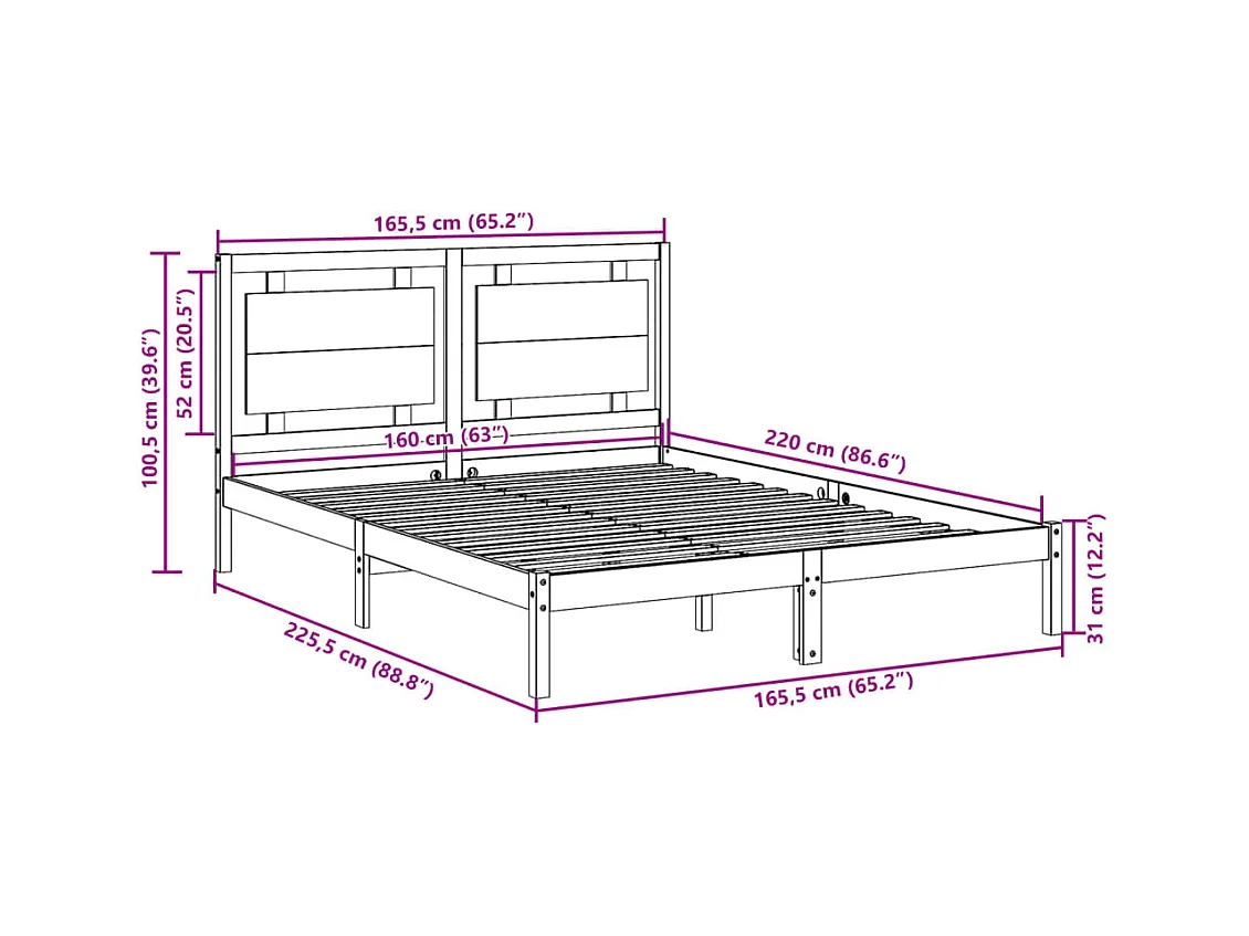 Massivholzbett Extra Lang ohne Matratze 160x220 cm