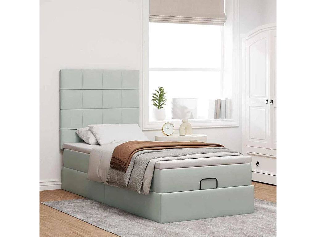 Ottoman-Bett mit Matratzen & LEDs Hellgrau 100x200 cm Samt