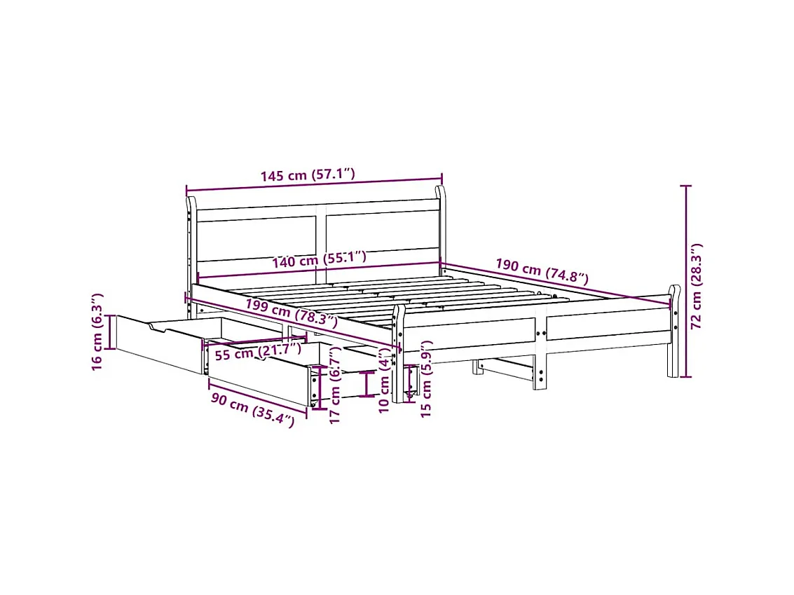 Cadre de lit sans matelas blanc 140x190 cm bois de pin massif